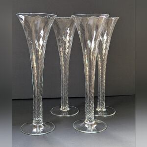 11" Hollow Stem Optic Swirl Trumpet Champagne Flutes Set Mouth Blown Vintage